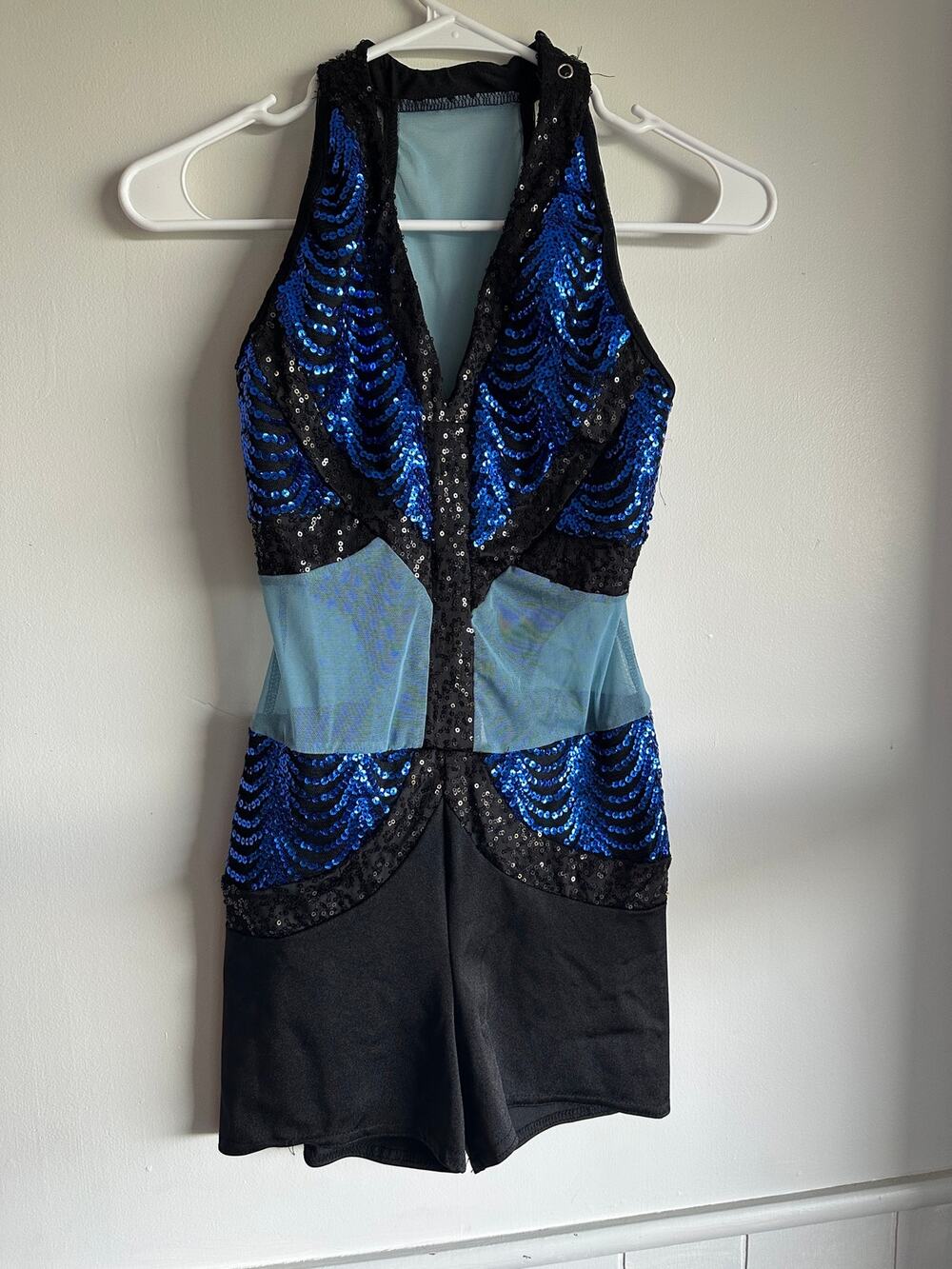 Kelle Blue Sequin Mesh Dance Costume Teen XS Halter Biketard Romper Unitard